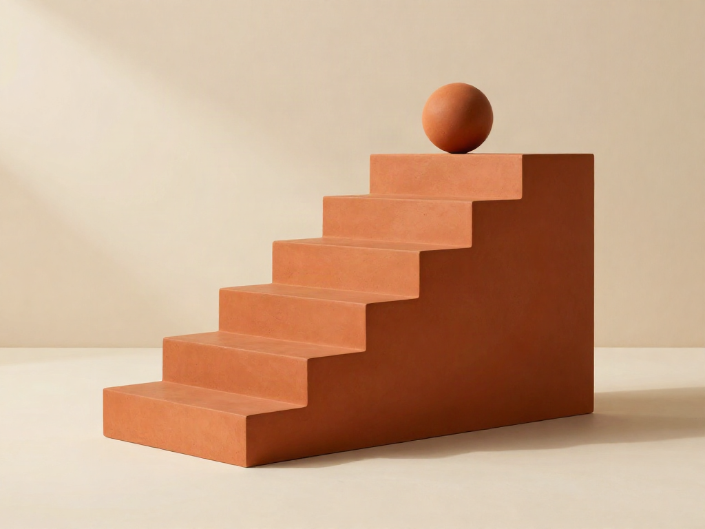 Sculptural terracotta steps rising toward a sunlit sphere, an illustration of strategic progress